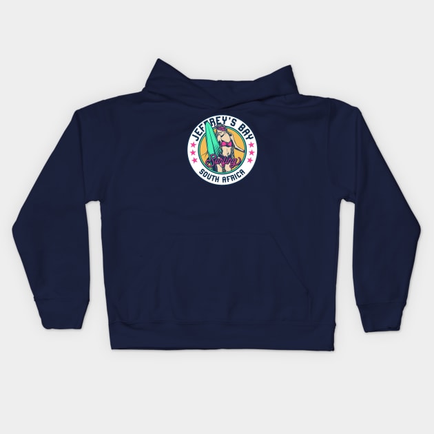 Retro Surfer Babe Badge Jeffrey's Bay South Africa Kids Hoodie by Now Boarding